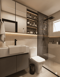 gabinete banheiro planejado, armário lavanderia apartamento, lavanderia oculta, banheiro pequeno luxo, marcenaria áreas úmidas.