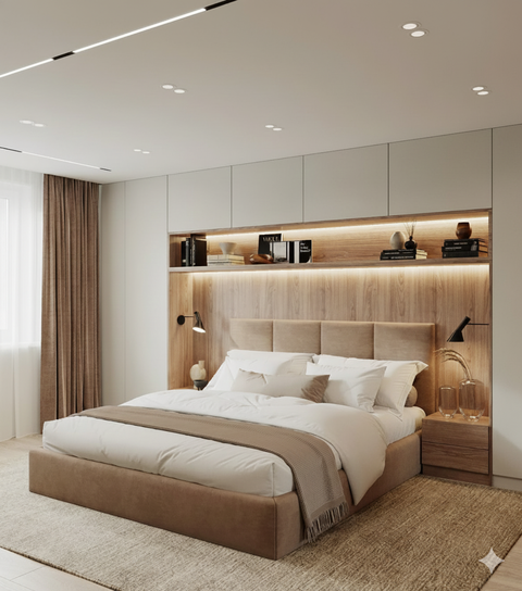 Detalhe de quarto com iluminação cênica e home office integrado discretamente.