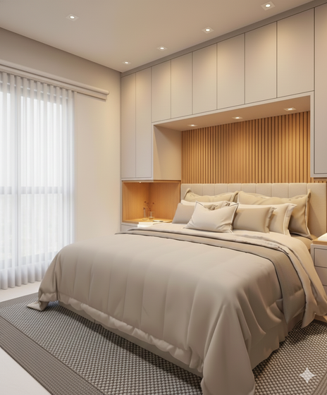 Guarda-roupa planejado com portas de vidro reflecta e iluminação interna.