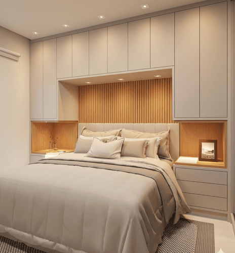 cabeceira planejada, móveis quarto casal, quarto pequeno planejado, guarda-roupa casal com espelho, painel de tv quarto.