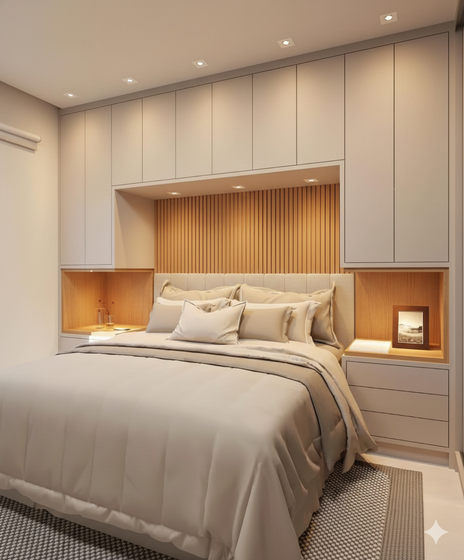 cabeceira planejada, móveis quarto casal, quarto pequeno planejado, guarda-roupa casal com espelho, painel de tv quarto.