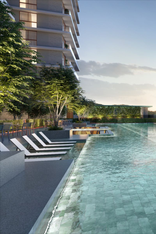 Construção e nivelamento da borda de queda da piscina