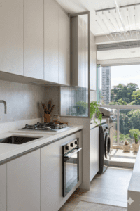 Cozinha planejada clean integrada à área de serviço com divisória de vidro canelado em estrutura cinza. Detalhe de lavanderia escondida no armário de forma parcial em apartamento moderno.