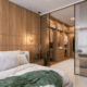 Planta baixa para suíte master em conceito aberto integrada com closet e banheiro de luxo, destacando piso unificado e marcenaria sob medida.