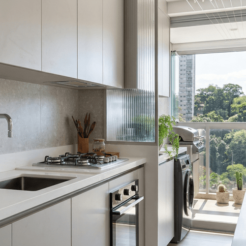 Cozinha planejada clean integrada à área de serviço com divisória de vidro canelado em estrutura cinza. Detalhe de lavanderia escondida no armário de forma parcial em apartamento moderno.