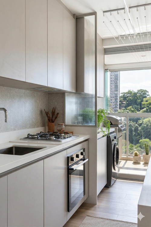 Cozinha planejada clean integrada à área de serviço com divisória de vidro canelado em estrutura cinza. Detalhe de lavanderia escondida no armário de forma parcial em apartamento moderno.