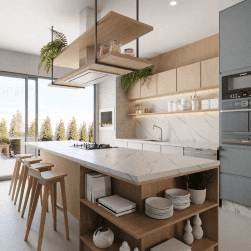 Detalhe de balcão de cozinha americana com banquetas de madeira e estofado escuro. Guia técnico de medida de balcão de cozinha e altura ideal para banquetas.