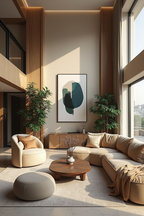 Sala integrada com pé-direito duplo, exibindo grandes vãos de vidro com cortinas para pé direito duplo e mobiliário moderno em tons de cinza e azul.