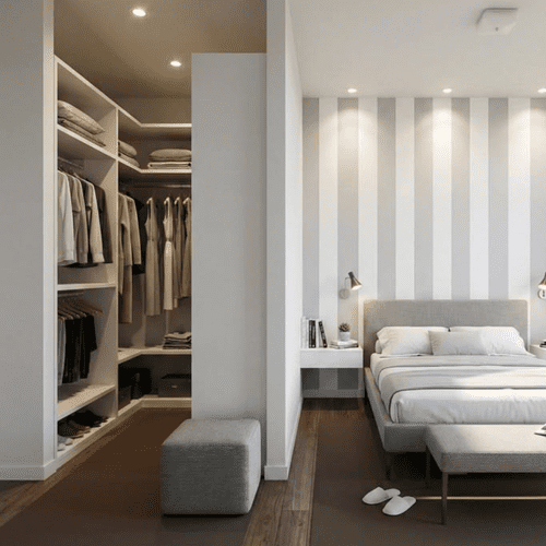 Banheiro aberto para o quarto com banheira de imersão, bancada de quartzo com duas cubas e revestimento em tons neutros.