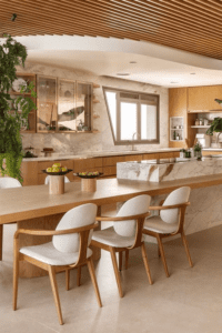 Balcão de cozinha com divisória de vidro canelado e banquetas modernas. Projeto ProjeFácil focando em altura ideal para banquetas e estética funcional.