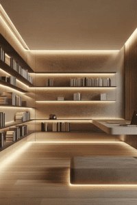 Painel de TV integrado à estante de livros do chão ao teto com nichos iluminados por LED e armários inferiores fechados.