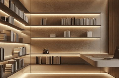 Painel de TV integrado à estante de livros do chão ao teto com nichos iluminados por LED e armários inferiores fechados.