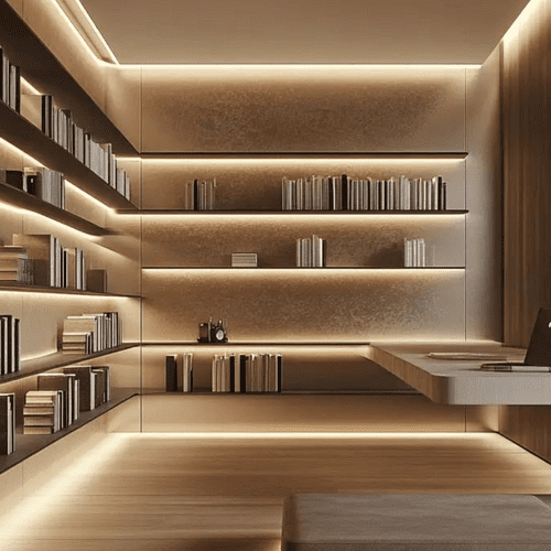 Painel de TV integrado à estante de livros do chão ao teto com nichos iluminados por LED e armários inferiores fechados.