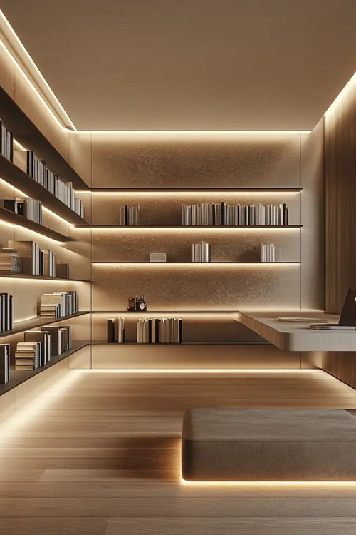 Painel de TV integrado à estante de livros do chão ao teto com nichos iluminados por LED e armários inferiores fechados.