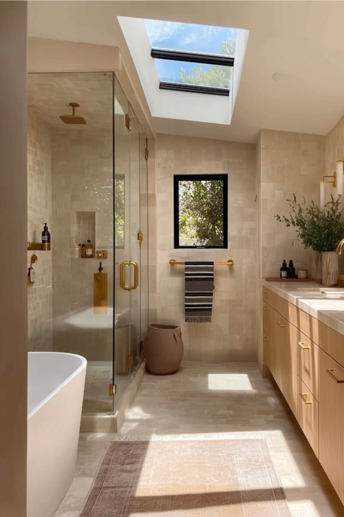 Circulação em closet walk-in e iluminação embutida de marcenaria