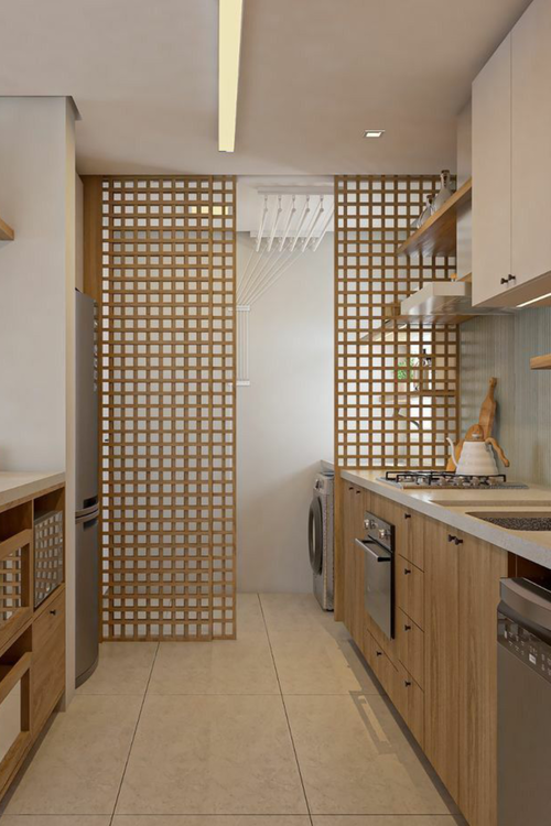 Lavanderia oculta no corredor do apartamento studio