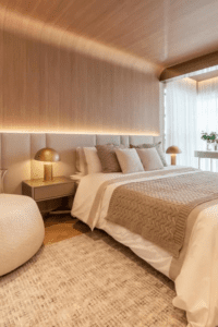 Banheiro de casal com cuba dupla de apoio branca, bancada de mármore e espelhos redondos com iluminação LED retroiluminada. Exemplo de banheiro suíte master luxo da ProjeFácil.