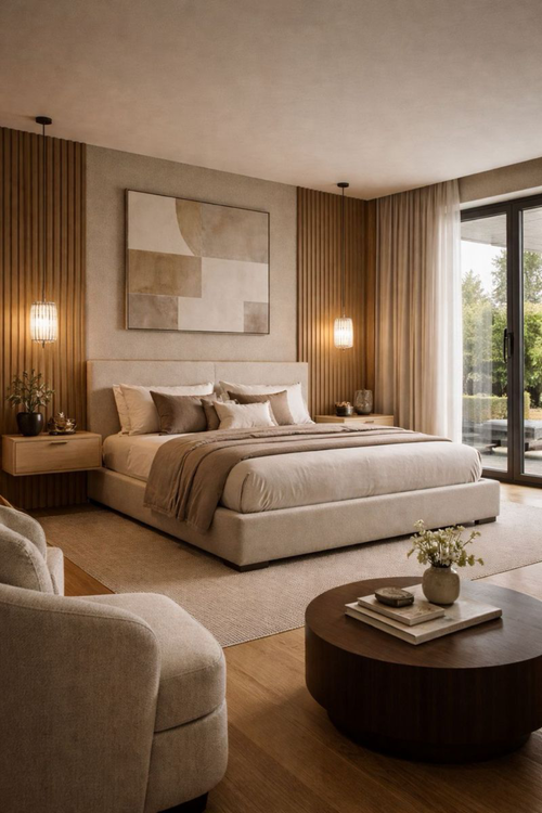 Quarto de casal com tons frios relaxantes, verde sálvia e azul sereno, promovendo neuroarquitetura.