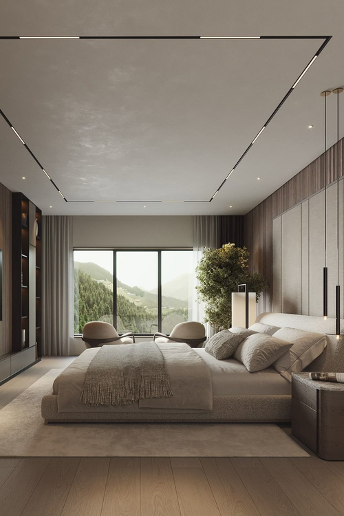 Quarto com paleta Greige, texturas de linho e tons neutros quentes para maior aconchego.