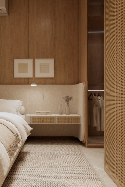 Harmonização perfeita entre marcenaria sob medida em madeira clara e paredes em tons relaxantes.