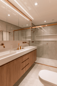 Banheiro de luxo com bancada extensa de mármore branco, duas cubas de apoio retangulares, dois espelhos redondos com iluminação LED atrás e torneiras pretas foscas saindo da parede