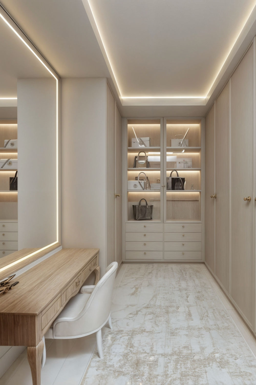 Exemplo de closet aberto com roupas expostas, iluminação LED e design minimalista estilo boutique.