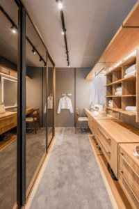 Quarto de casal com closet fechado por portas de laca cinza sem puxadores aparentes (fecho-toque). Estética de closet planejado com portas.