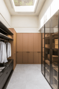 Detalhe superior de closet planejado mostrando cabideiros metálicos e iluminação embutida no teto (spots). Comparativo closet aberto vs fechado.