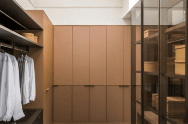 Detalhe superior de closet planejado mostrando cabideiros metálicos e iluminação embutida no teto (spots). Comparativo closet aberto vs fechado.