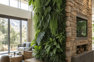 Jardim vertical interno em sala de estar moderna com samambaias e jiboias, integrado a painel amadeirado e sofá cinza. Exemplo de design biofílico ProjeFácil.