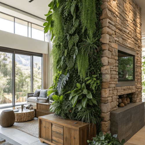 Jardim vertical interno em sala de estar moderna com samambaias e jiboias, integrado a painel amadeirado e sofá cinza. Exemplo de design biofílico ProjeFácil.