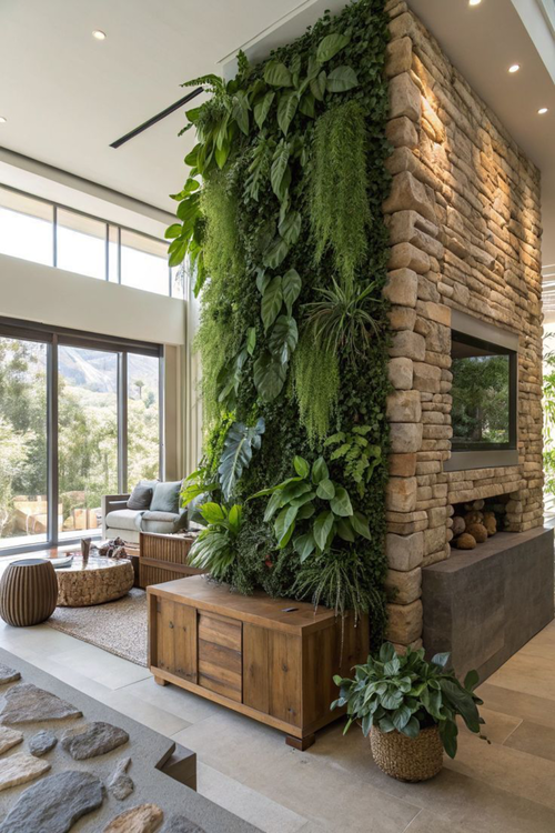 Jardim vertical interno em sala de estar moderna com samambaias e jiboias, integrado a painel amadeirado e sofá cinza. Exemplo de design biofílico ProjeFácil.