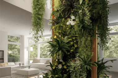 Jardim vertical em apartamento ocupando a parede da escada, com iluminação LED de topo e irrigação oculta.