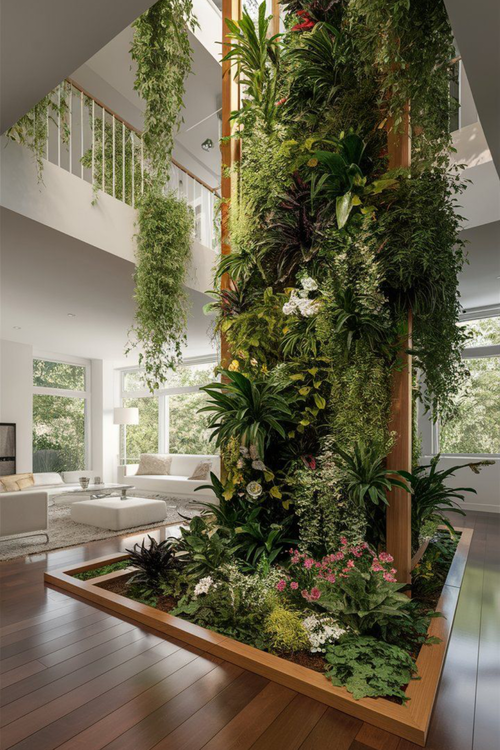 Samambaias exuberantes preenchendo uma parede verde