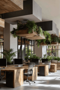 Detalhe de janela ampla com entrada de luz natural em escritório decorado com plantas e divisórias de madeira clara.