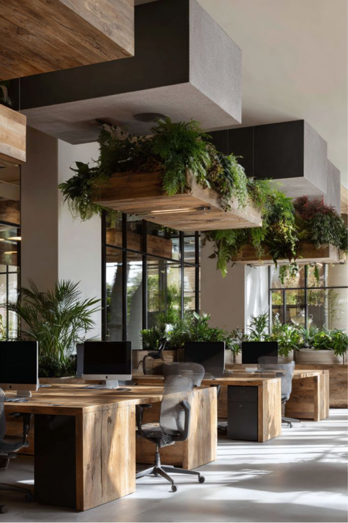 Detalhe de janela ampla com entrada de luz natural em escritório decorado com plantas e divisórias de madeira clara.