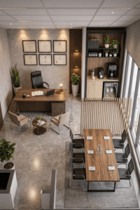 Parede de fundo para home office com estante planejada em madeira escura, livros organizados e nichos com iluminação LED de destaque. Cenário profissional para videochamada.