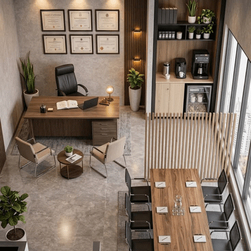 Parede de fundo para home office com estante planejada em madeira escura, livros organizados e nichos com iluminação LED de destaque. Cenário profissional para videochamada.