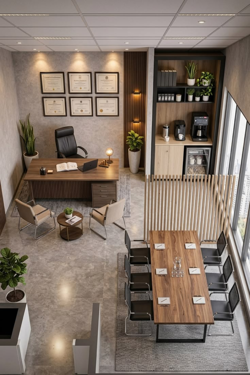 Parede de fundo para home office com estante planejada em madeira escura, livros organizados e nichos com iluminação LED de destaque. Cenário profissional para videochamada.