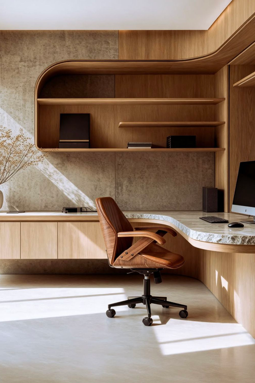 Estantes vazadas e nichos bem projetados criando profundidade atrás da cadeira