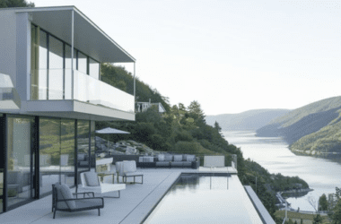 Piscina de alvenaria com borda infinita revestida em pedra escura, integrada a deck de madeira e vista para paisagem natural. Projeto de luxo ProjeFácil.
