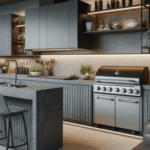 Detalhe de revestimento para churrasqueira em pedra vulcânica preta (Hitam) com textura bruta e iluminação de destaque.