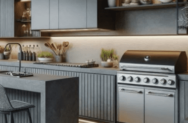 Detalhe de revestimento para churrasqueira em pedra vulcânica preta (Hitam) com textura bruta e iluminação de destaque.