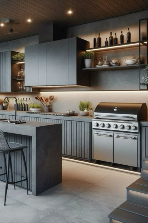 Detalhe de revestimento para churrasqueira em pedra vulcânica preta (Hitam) com textura bruta e iluminação de destaque.