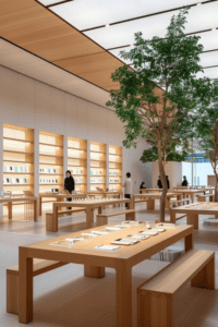 Balcão de atendimento em marcenaria de luxo com nichos para vendas por impulso no checkout. Estratégia de psicologia do consumidor no varejo.