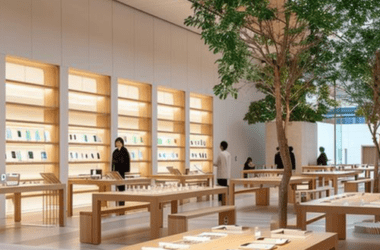 Balcão de atendimento em marcenaria de luxo com nichos para vendas por impulso no checkout. Estratégia de psicologia do consumidor no varejo.