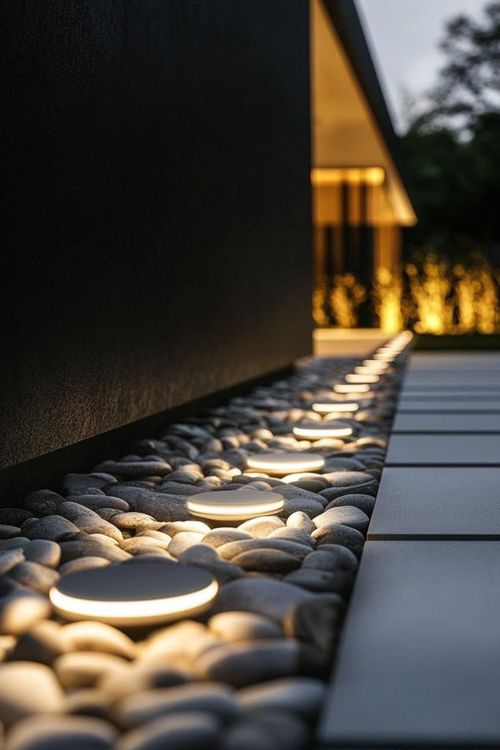 Fachada de casa de luxo à noite com iluminação de destaque em colunas, jardins e reflexos nos grandes vãos de vidro.
