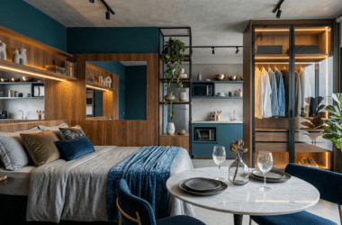 Detalhe de área social em apartamento compacto com sofá-cama cinza e almofadas de veludo verde, mesa de jantar redonda pequena ao lado de divisória de vidro canelado com estrutura branca. Aplicação de truques para ampliar ambientes pequenos.