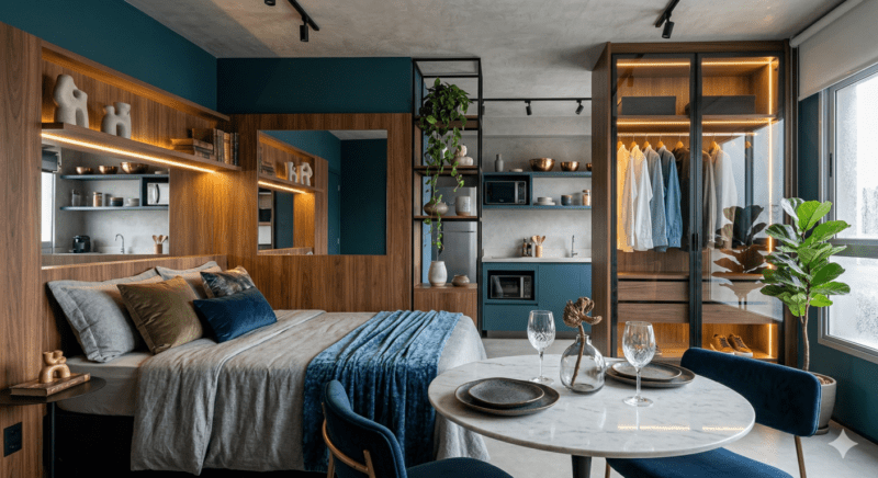 Detalhe de área social em apartamento compacto com sofá-cama cinza e almofadas de veludo verde, mesa de jantar redonda pequena ao lado de divisória de vidro canelado com estrutura branca. Aplicação de truques para ampliar ambientes pequenos.