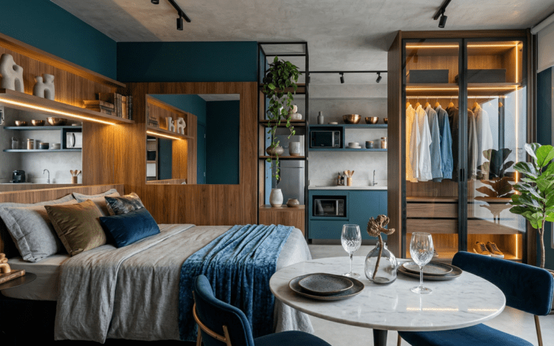 Detalhe de área social em apartamento compacto com sofá-cama cinza e almofadas de veludo verde, mesa de jantar redonda pequena ao lado de divisória de vidro canelado com estrutura branca. Aplicação de truques para ampliar ambientes pequenos.